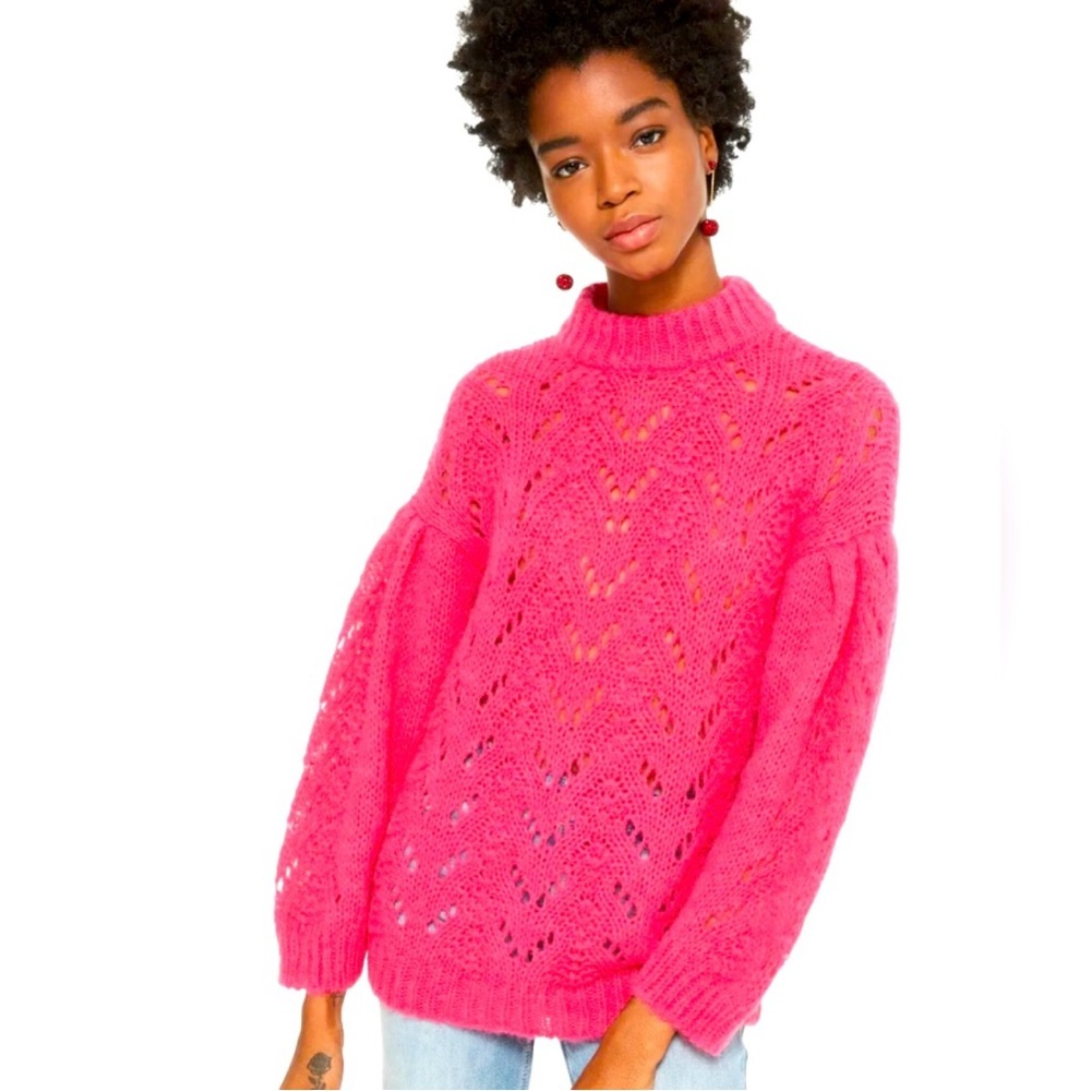 Kate Spade Pointelle Stitch Puff Sleeve Pullover Alpaca Sweater Size Small